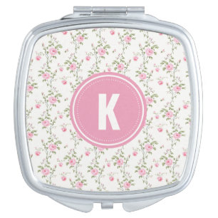 Elegant Pink Roses Flowers Pattern Monogram Compact Mirror
