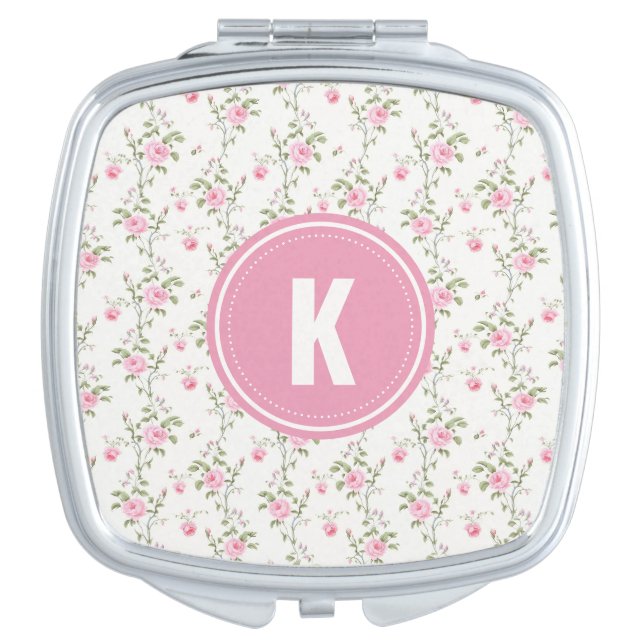Elegant Pink Roses Flowers Pattern Monogram Compact Mirror (Front)