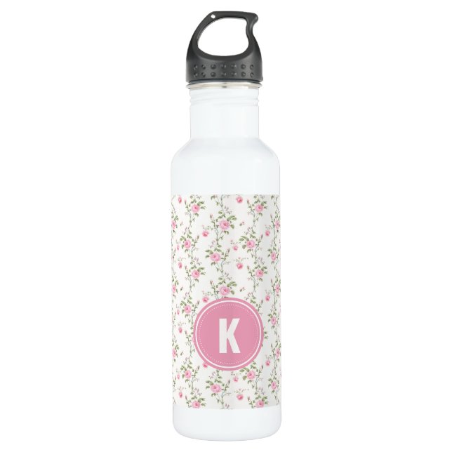 Elegant Pink Roses Flowers Pattern Monogram Stainless Steel Water Bottle (Front)
