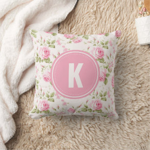Elegant Pink Roses Flowers Pattern Monogram Throw Pillow