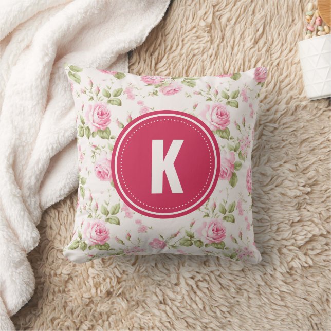 Elegant Pink Roses Flowers Pattern Monogram Throw Pillow (Blanket)