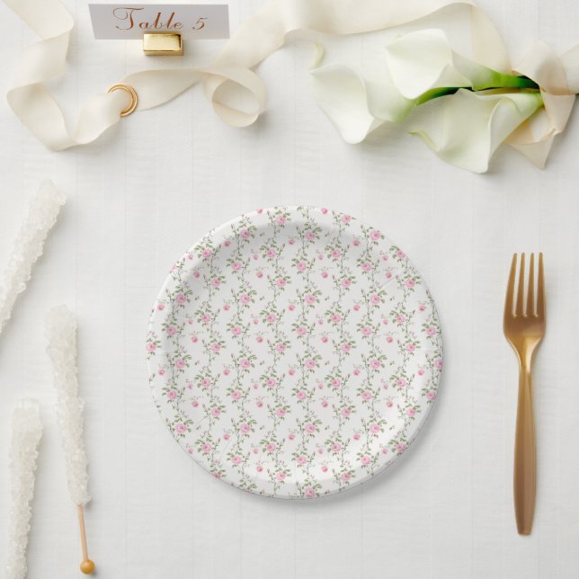 Elegant Pink Roses Flowers Pattern Paper Plates (Wedding)