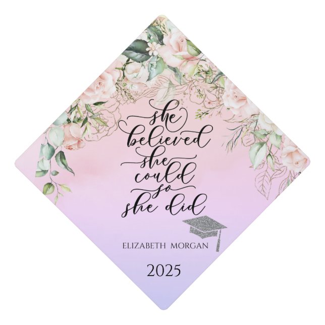 Elegant Pink Roses Glitter Graduate Cap (Front)