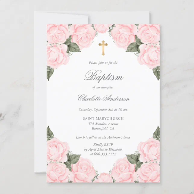 Elegant Pink Roses Gold Cross Girl Baptism Invitation | Zazzle