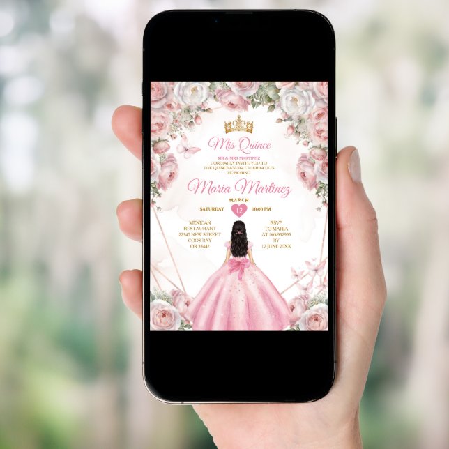 Elegant Pink Roses Gold Crown Butterfly Mis Quince Invitation (Front Digital)