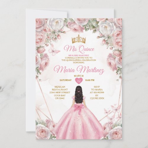 Elegant Pink Roses Gold Crown Butterfly Mis Quince Invitation