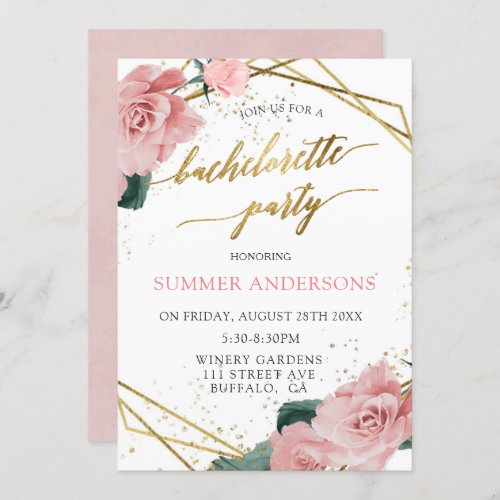 Elegant Pink Roses Gold Foil Bachelorette Party Invitation