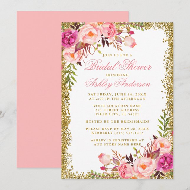 Elegant Pink Roses Gold Glitter Bridal Shower Invitation (Front/Back)