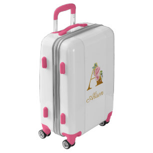 Elegant Pink Roses Gold Monogram Floral Script Luggage