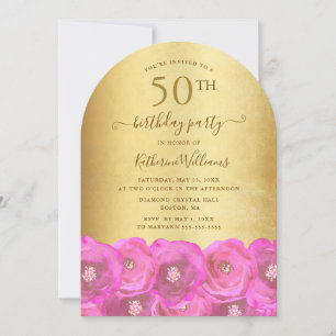 Elegant Pink Roses & Gold Script 50th Birthday Invitation