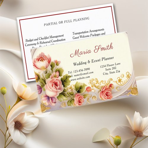 Elegant Pink Roses Gold Wedding Event Planner  Business Card