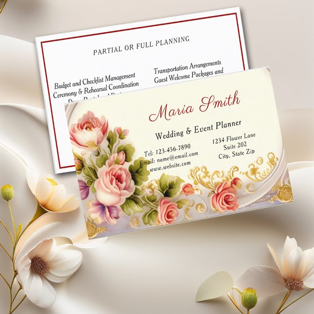Elegant Pink Roses Gold Wedding Event Planner  Business Card (Creator Uploaded)