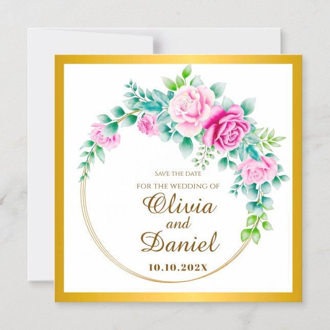 Elegant Pink Roses Gold Wreath Save the Date Magnetic Invitation (Front)