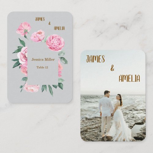 Elegant Pink Roses &amp; Grey Floral Wedding Place Card