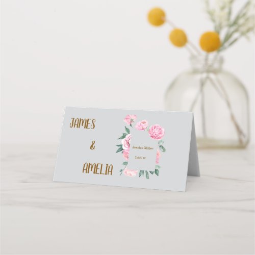 Elegant Pink Roses &amp; Grey Floral Wedding Place Card