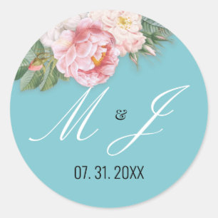 Elegant Pink Roses Light Blue Romantic Wedding Classic Round Sticker
