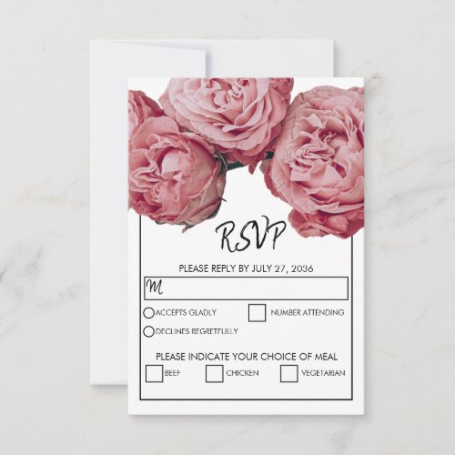 Elegant Pink Roses Meal Options Wedding RSVP Cards