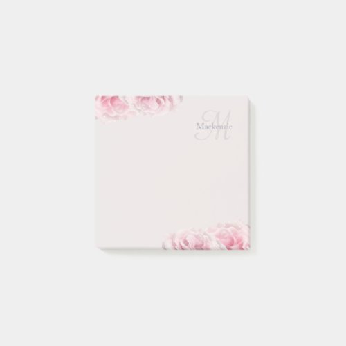 Elegant Pink Roses Monogram Custom Name Floral  Post_it Notes