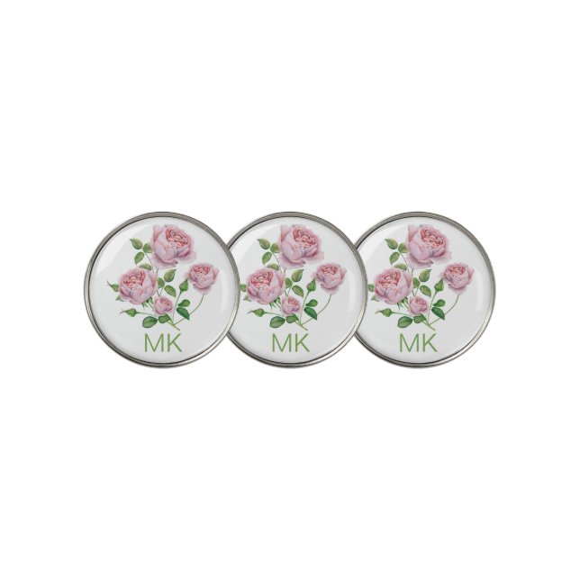 Elegant Pink Roses Monogrammed Ladies Golf Ball Marker (3 Up)