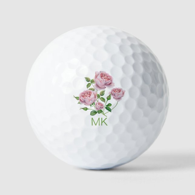 Elegant Pink Roses Monogrammed Ladies Golf Balls (Front)