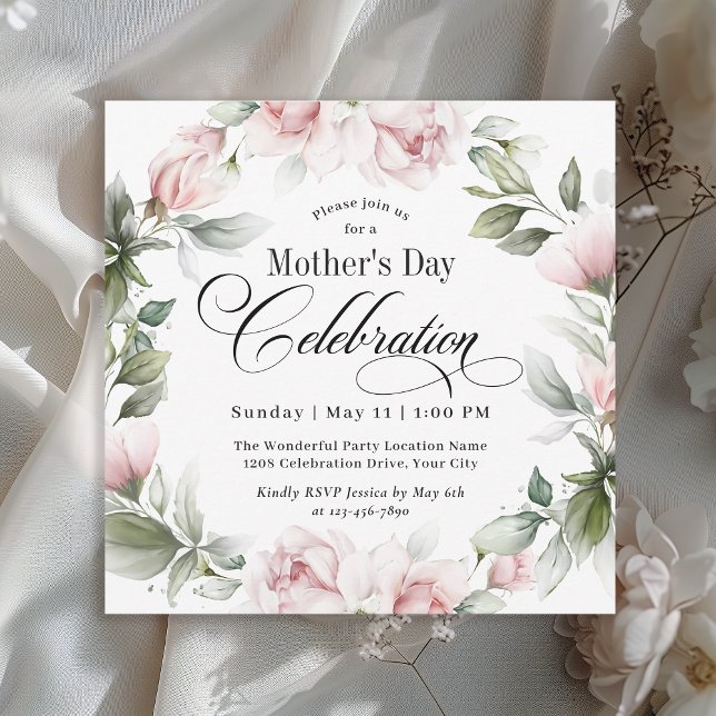 Elegant Pink Roses Mother's Day Celebration Invitation (Available in both printed and instant download digital formats.)