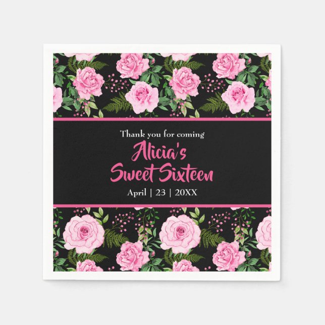 Elegant Pink Roses On Modern Black Sweet Sixteen Napkins (Front)