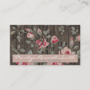 Elegant Pink Roses on Rustic Wood Background Business Card