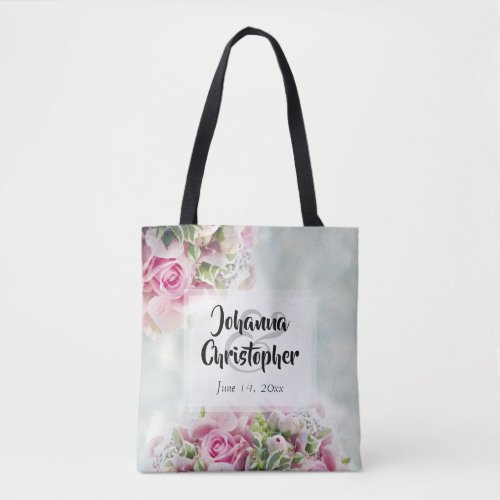 Elegant Pink Roses  Peonies on Teal Wedding  Tote Bag