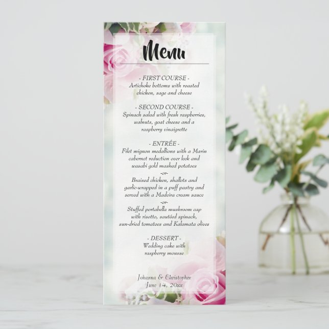 Elegant Pink Roses & Peony Buds Floral Wedding Menu (Standing Front)