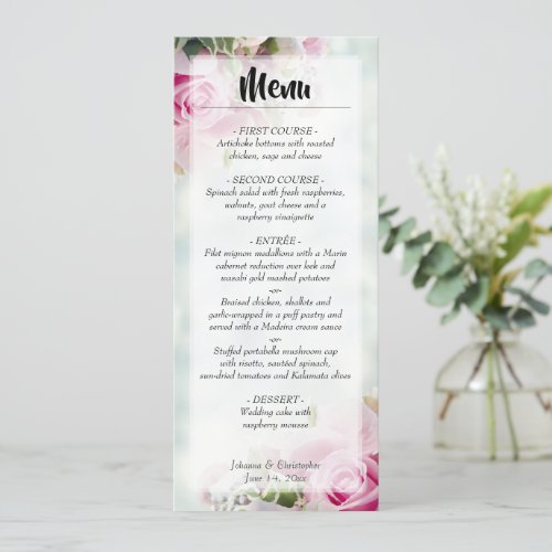 Elegant Pink Roses  Peony Buds Floral Wedding Menu