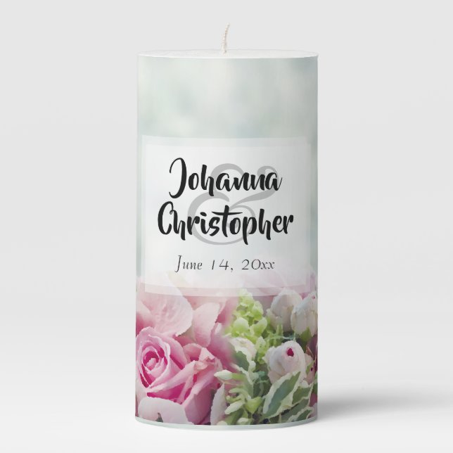 Elegant Pink Roses & Peony Buds Teal Wedding Pillar Candle (Front)