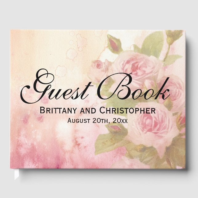 Elegant Pink Roses Personalized Summer Wedding Guest Book (Front)