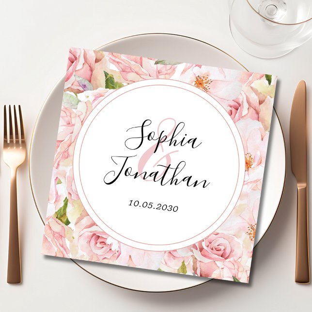 Elegant Pink Roses Personalized Wedding Napkins (Elegant Pink Roses Personalized Wedding Paper Napkin)