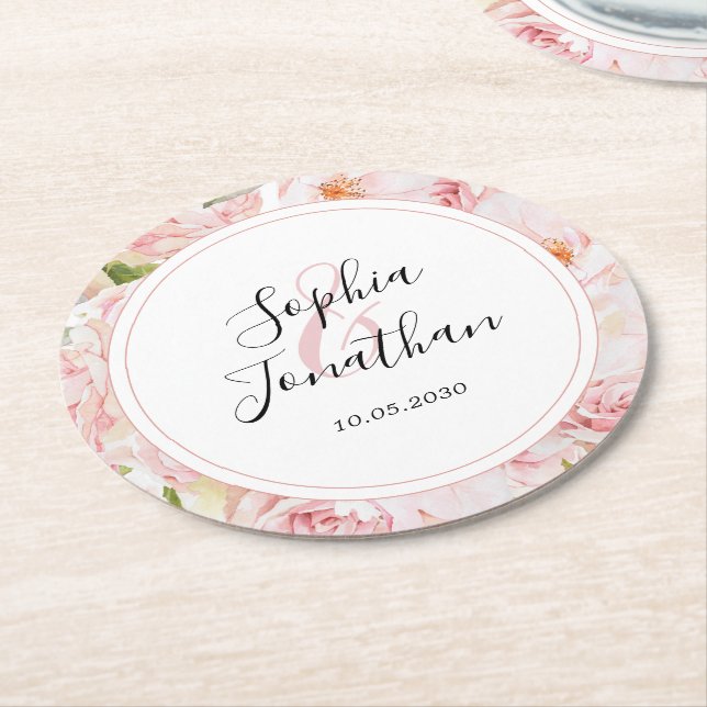Elegant Pink Roses Personalized Wedding Round Paper Coaster (Angled)