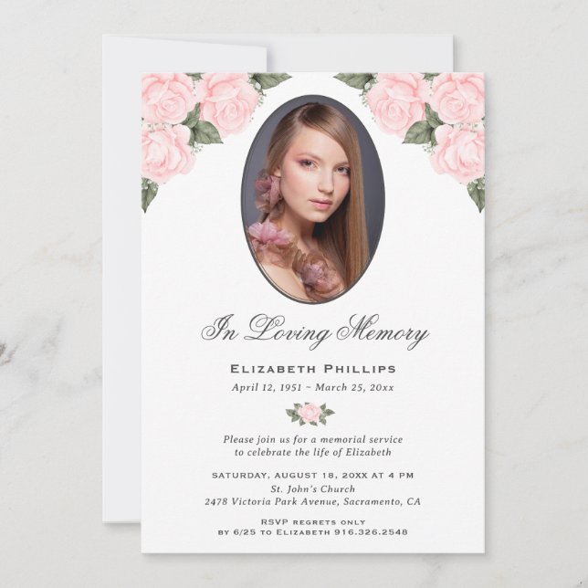 Elegant Pink Roses Photo In Loving Memory Invitation (Front)