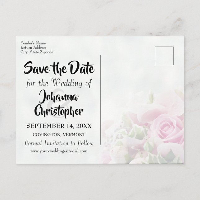 Elegant Pink Roses Photo Save the Date Wedding Postcard (Back)