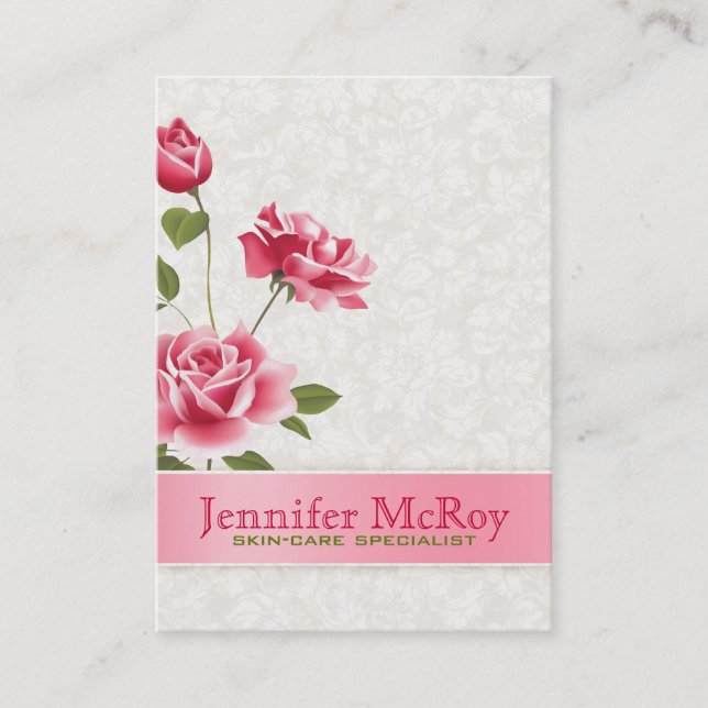 Elegant Pink Roses Plush White Damasks Business Card (Front)