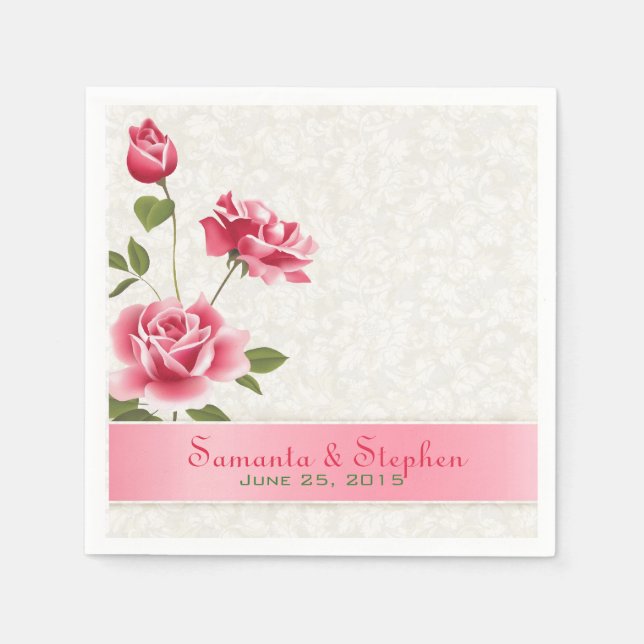 Elegant Pink Roses Plush White Damasks Napkins (Front)