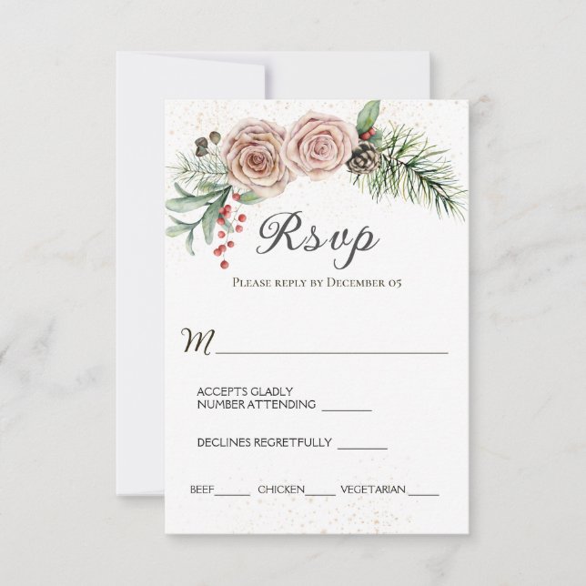 Elegant Pink Roses Red Berries Evergreen Wedding  RSVP Card (Front)