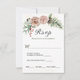 Elegant Pink Roses Red Berries Evergreen Wedding RSVP Card