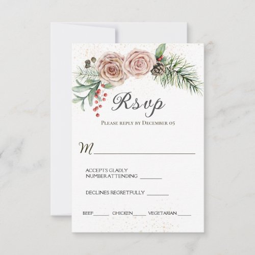 Elegant Pink Roses Red Berries Evergreen Wedding  RSVP Card