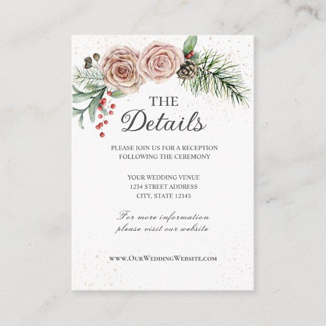 Elegant Pink Roses Red Berries Greenery Wedding  Enclosure Card (Front)