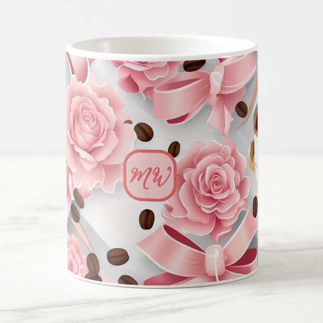 Elegant pink roses, ribbons, bows, monograms coffee mug (Creator Uploaded)
