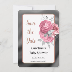 Elegant Pink Roses Silver Foil Baby Shower Save The Date