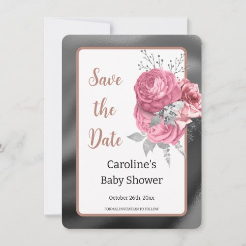 Elegant Pink Roses Silver Foil Baby Shower Save The Date