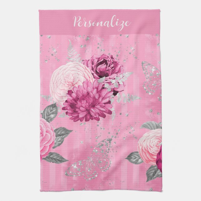 Elegant Pink Roses Silver Glitter Butterfly  Kitchen Towel (Vertical)