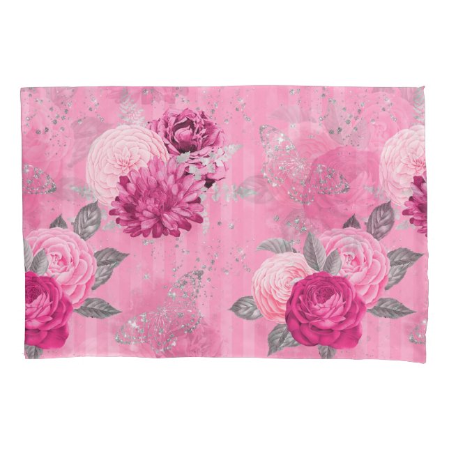 Elegant Pink Roses Silver Glitter Butterfly Pillow Case (Front)