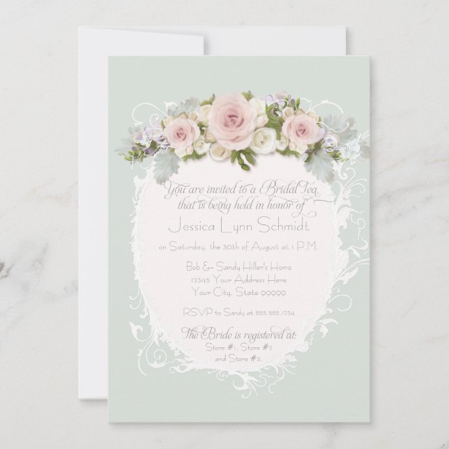 Elegant Pink Roses Succulents Bridal Shower Tea Invitation (Front)