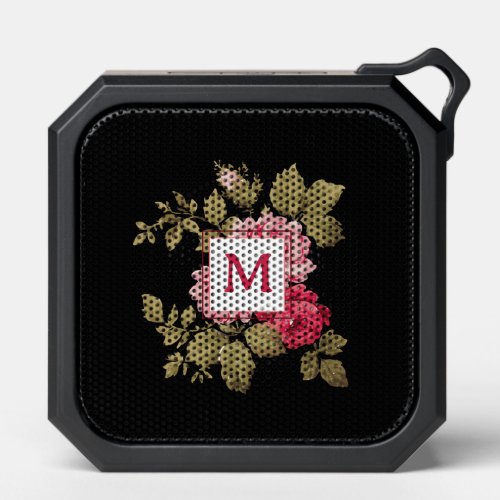 Elegant Pink Roses wMonogram_Black Background Bluetooth Speaker