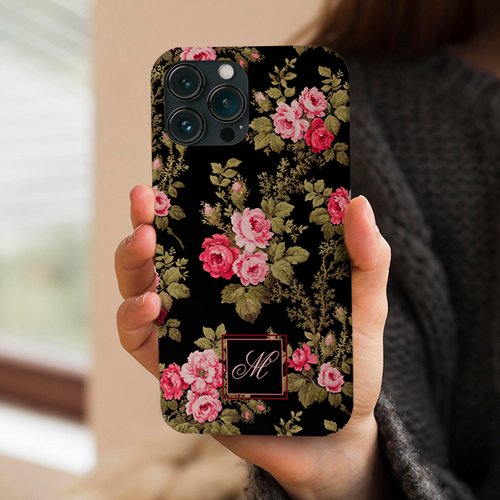 Elegant Pink Roses wMonogram_Black Background iPhone 12 Case